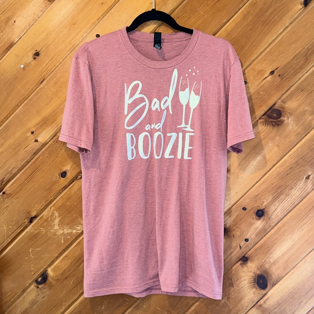 Bad & Boozie pink bachelorette party or wine tour tshirt